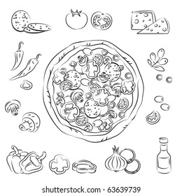 Vector Sketch Collection of Pizza and ingredient