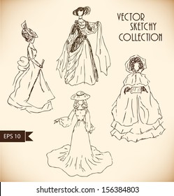 Vector sketch collection with retro women silhouettes. Ladies in historical ball dresses