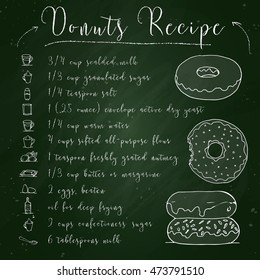 Vector sketch and color donuts recipe on a blackboard