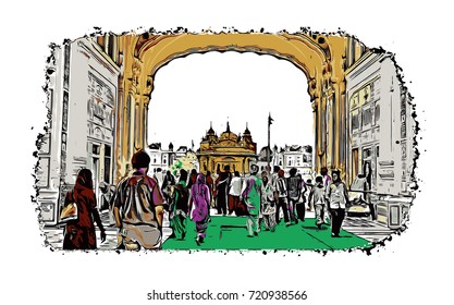 Vector sketch with color of Golden Temple Amritsar Punjab, India.