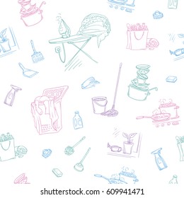 Vector sketch color seamless pattern of objects and situations house cleaning. Unwashed dishes and not ironed linen, items and accessories for cleaning, buy food and cooking.
