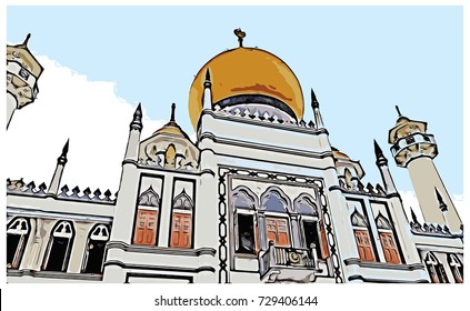 Vector Sketch with color of Sultan Mosque in Singapore in illustration.