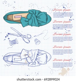 Vector sketch, color womens ballet flats with knot on a notebook page