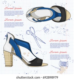 Vector sketch, color womens leather sandals on a middle heel on a notebook page