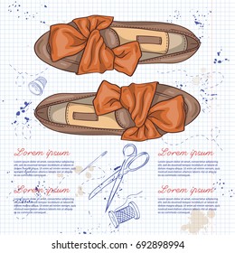 Vector sketch, color womens leather ballet flats with knot on a notebook page