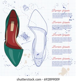 Vector sketch, color womens pointy toe ballet flat on a notebook page