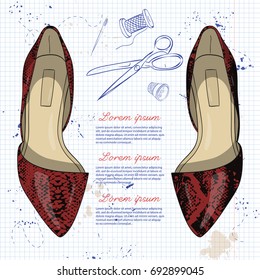 Vector sketch, color womens reptile leather pointy toe ballet flat on a notebook page