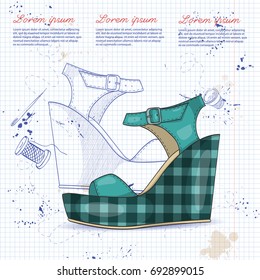 Vector sketch, color womens sandals with plaid fabric wedge on a notebook page