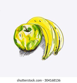 vector sketch colored illustration of still life with apple and banana