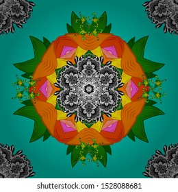 Vector sketch of colored mehndi mandala on orange, green and blue. Traditional indian style, ornamental floral elements for henna tattoo, colored stickers, mehndi and yoga design, cards and prints.