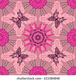 Vector sketch of colored mehndi mandala on pink. Traditional indian style, ornamental floral elements for henna tattoo, colored stickers, flash temporary tattoo, mehndi and yoga design, cards.