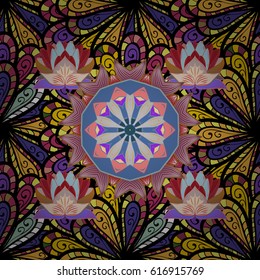 Vector sketch of colored mehndi mandala on. Traditional indian style, ornamental floral elements for henna tattoo, colored stickers, flash temporary tattoo, mehndi and yoga design, cards and prints.