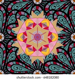 Vector sketch of colored mehndi mandala on blue. Traditional indian style, ornamental floral elements for henna tattoo, colored stickers, flash temporary tattoo, mehndi, yoga design, cards and prints.