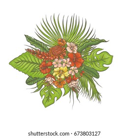 Vector sketch colored texture set composition bouquet. Green leaves of tropical plants, exotic pink and red flowers buds. Graphic outline drawing collection herb and vegetation monsoon rainforest