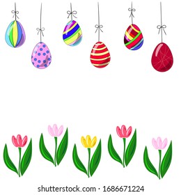 Vector sketch with colorful easter eggs and tulips. Use for cards, greetings, invitations, banners, web design.