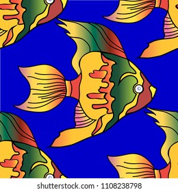 Vector sketch  of colorful fish Pterophyllum. Cichlidae. Seamless pattern