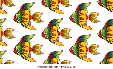 Esbozo vectorial del pez colorido Pterophyllum. Cichlidae. Patrón transparente