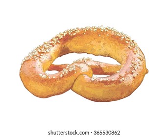 Vector sketch of colorful pretzel with sesame on white sesame