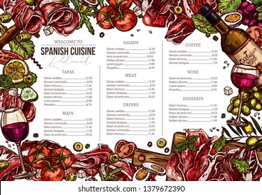 Vector sketch colorful spanish cuisine food background. Design and template for menu with hand drawn illustration of meat, wine, jamon, vegetables, salads olive. Mediterranean dishes set