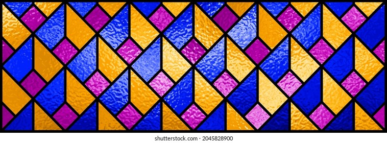 Vector sketch of a colorful stained glass window. Abstract stained-glass background. Art Nouveau decor for interior. Vintage pattern. Luxury modern interior. Transparency. Vector texture. Blue, orange