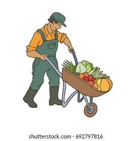 Vector sketch coloured illustration of farmer. Man with cart vegetables. Autumn gardening harvest. The drawn contour cartoon character peasant working in garden. Isolated graphic on white background.
