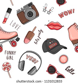 Vector sketch comic fashion seamless pattern with stickers of ice cream, roller skates, lips, headphones, cap, photo camera, sunglasses, accessories and hashtags. Hipster patch badges background 