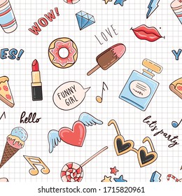 Vector sketch comic fashion seamless pattern with stickers of ice cream, diamond, donut, lips, sunglasses and hashtags. Hipster cute patch badges on grid background