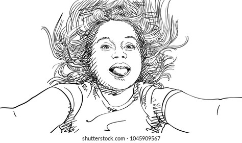 Vector Sketch Comic Selfie Young Girl Stock Vector (Royalty Free ...