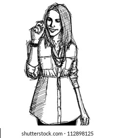Vector Sketch, comics style business woman writing something on glass board with marker