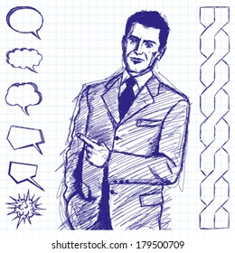 Vector sketch, comics style business man shows something with his finger
