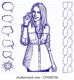 Vector sketch, comics style business woman writing something on glassboard with marker