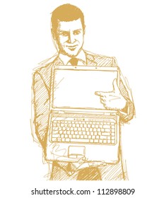 Vector Sketch, comics style businessman with open laptop in his hands, smiles at camera
