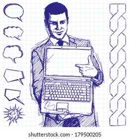Vector sketch, comics style businessman with open laptop in his hands