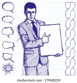 Vector sketch, comics style businessman holding empty write board in his hands
