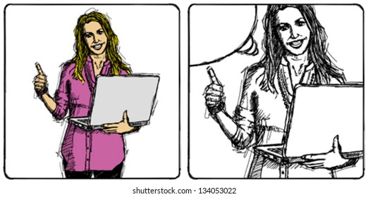 Vector Sketch, comics style businesswoman with red laptop shows well done