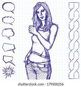 Vector sketch, comics style cute woman shows well done