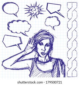 Vector sketch, comics style female overhearing something with her ear and hand