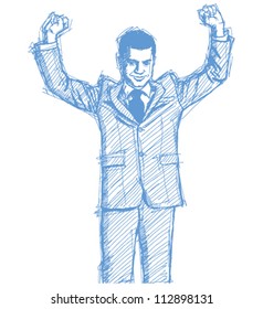 Vector Sketch, comics style happy businessman with hands up, celebrating his victory