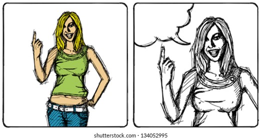 Vektorgrafik, Comicstil, fröhliches Mädchen mit Fingerup