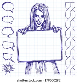 Vector sketch, comics style happy business woman holding blank white card in her hands