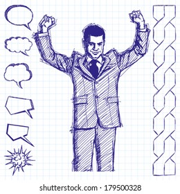 Vector sketch, comics style happy businessman with hands up, celebrating his victory