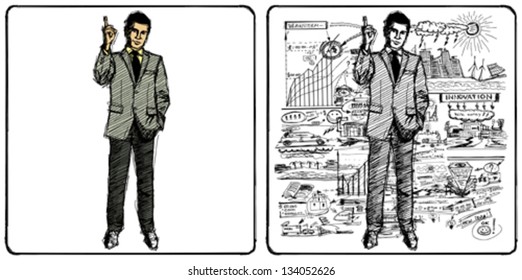Esbozo vectorial, hombre de negocios al estilo de los cómics con traje, mirando a la cámara