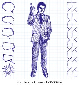 Vector sketch, comics style male businessman in suit, looking on camera