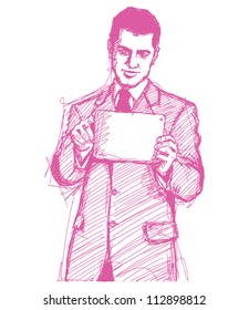 Vektor Sketch, Comicstil Mann Business Mann in Anzug mit iPad in den Händen
