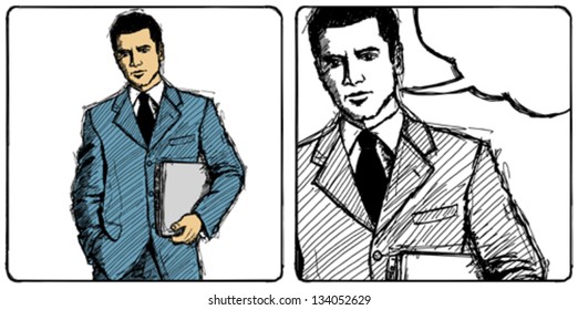 Vetor Sketch, homem de negócios estilo quadrinhos em terno com laptop em suas mãos, olhando na câmera