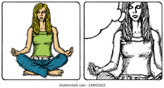 Vector Sketch, comics style woman meditation in lotus pose