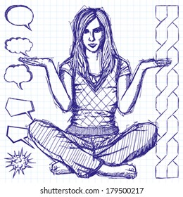 Vector sketch, comics style woman in lotus pose with open hands