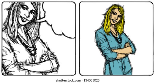 Vector Sketch, comics style young business woman with crossed hands