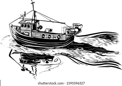 The vector sketch of the commercial fishing boat on the wave in the ocean