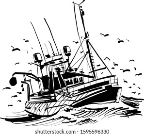 The vector sketch of the commercial fishing boat on the wave in the ocean